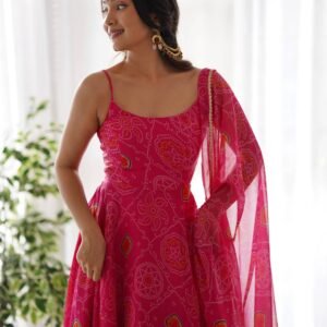 Elegant Pink Bandhej Print Chiffon Gown with Dupatta