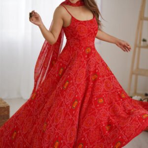 Red Bandhej Print Chiffon Anarkali Gown with Dupatta