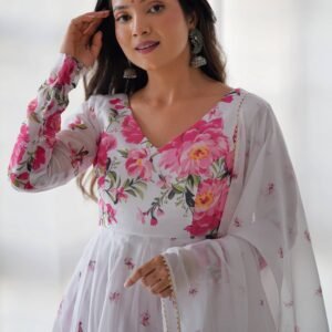 Get Ready to Turn Heads with this Elegant White Floral Print Anarkali Set