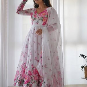 Get Ready to Turn Heads with this Elegant White Floral Print Anarkali Set