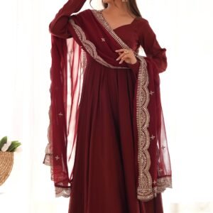 Elegant Maroon Roman Chanderi Silk Anarkali Set with Dupatta and Pants