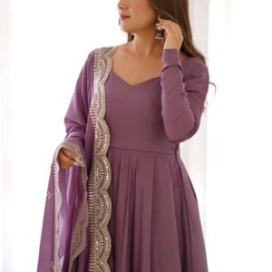 Mauve Pure Romansilk Chanderi Anarkali Suit with Embroidered Dupatta