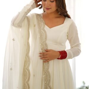 Exquisite White Heavy Pure Romansilk Anarkali Suit with Embroidery Sequence Dupatta
