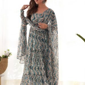 Light Blue Zigzag Print Georgette Gown with Dupatta