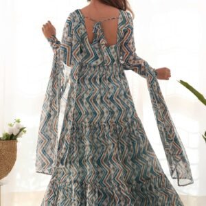 Light Blue Zigzag Print Georgette Gown with Dupatta