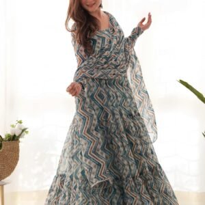 Light Blue Zigzag Print Georgette Gown with Dupatta