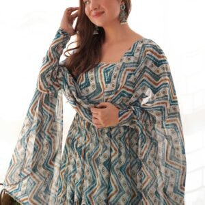 Light Blue Zigzag Print Georgette Gown with Dupatta