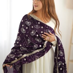 White Silk Anarkali Gown with Purple Heavy Embroidered Dupatta
