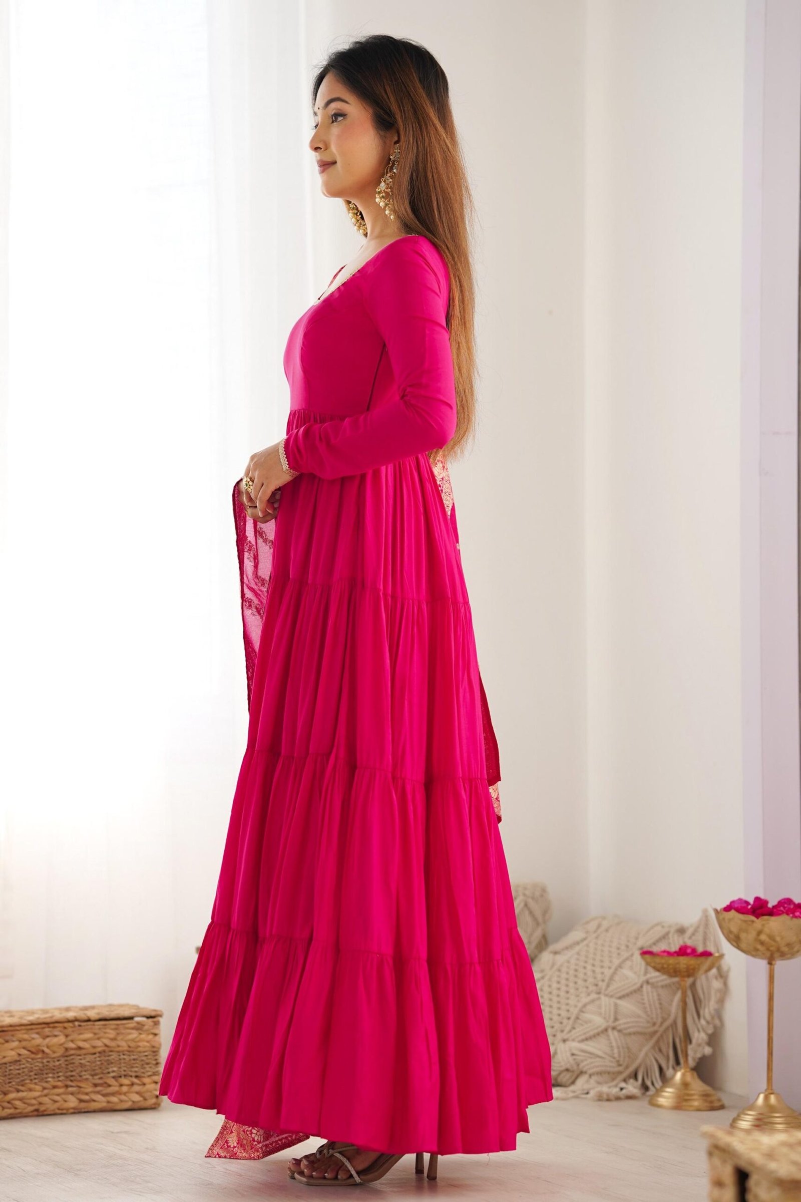 Elegant Roman Silk Chanderi Anarkali Suit Set with Banarasi Jacquard Dupatta Elegant Roman Silk Chanderi Anarkali Suit Set with Banarasi Jacquard Dupatta