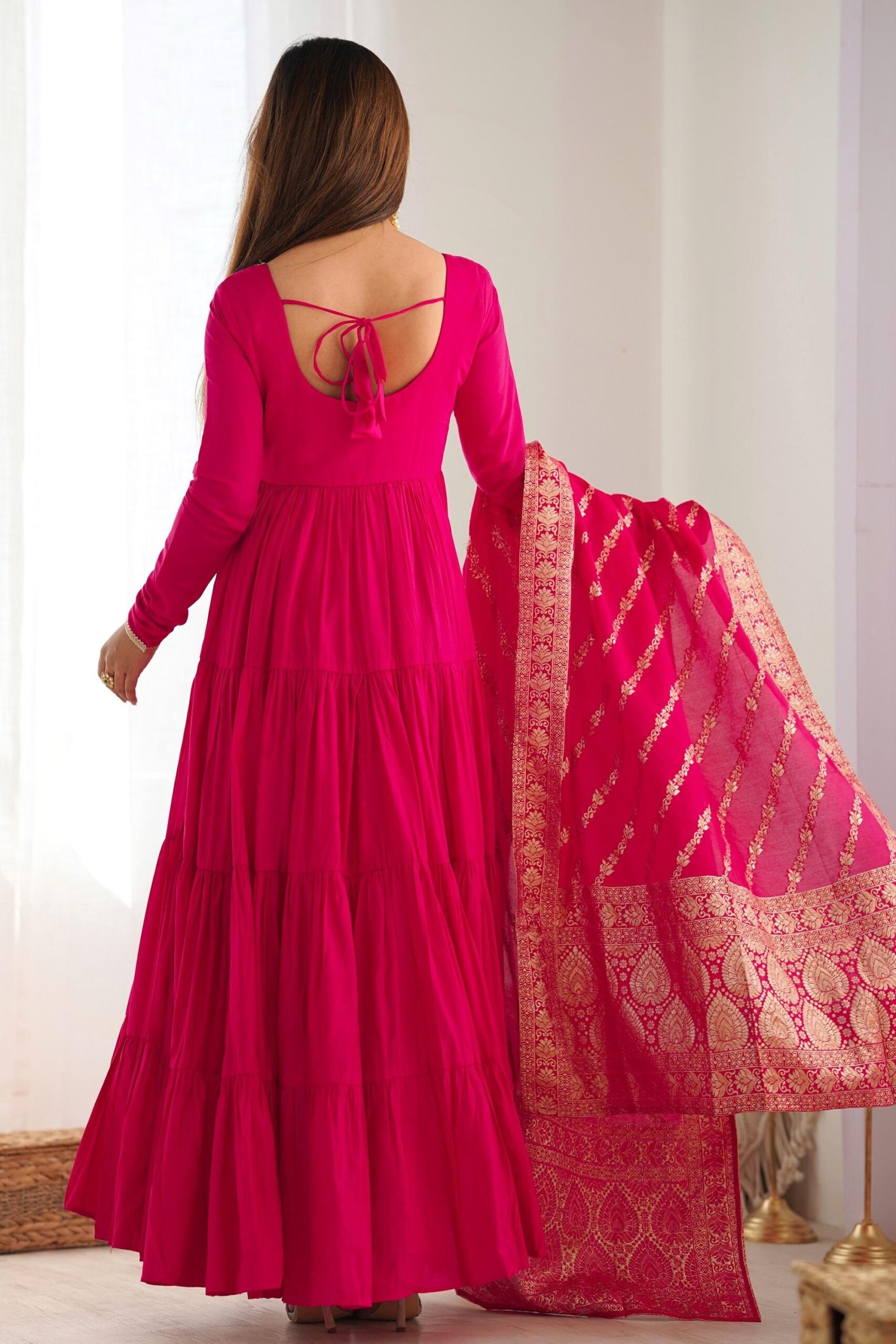 Elegant Roman Silk Chanderi Anarkali Suit Set with Banarasi Jacquard Dupatta Elegant Roman Silk Chanderi Anarkali Suit Set with Banarasi Jacquard Dupatta