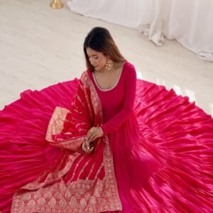 Elegant Roman Silk Chanderi Anarkali Suit Set with Banarasi Jacquard Dupatta