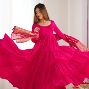 Elegant Roman Silk Chanderi Anarkali Suit Set with Banarasi Jacquard Dupatta