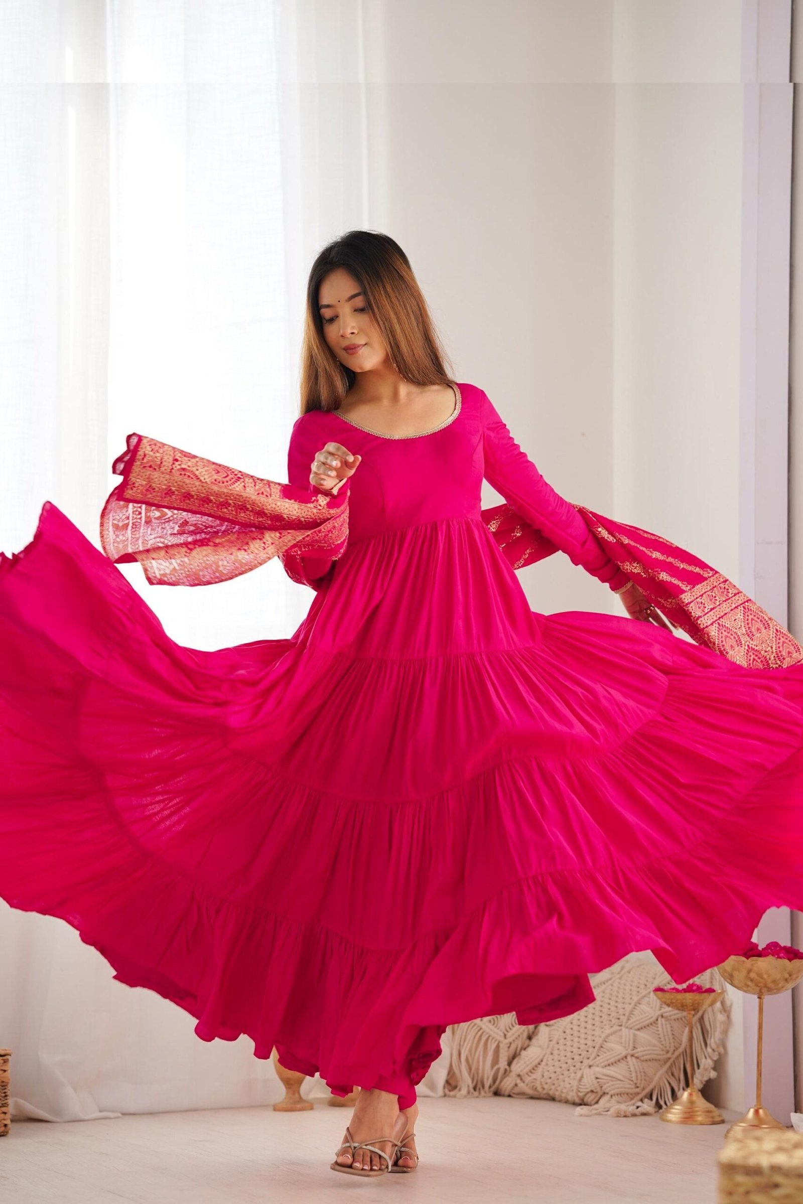 Elegant Roman Silk Chanderi Anarkali Suit Set with Banarasi Jacquard Dupatta Elegant Roman Silk Chanderi Anarkali Suit Set with Banarasi Jacquard Dupatta