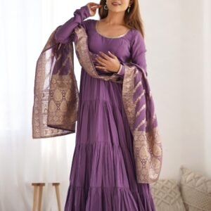 Lavender Heavy Roman Silk Chanderi Anarkali Suit Set