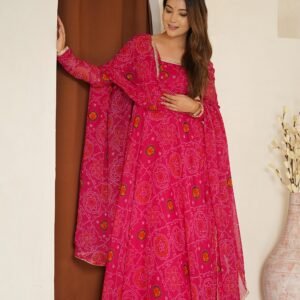 Rani Pink Bandhej Print Chiffon Anarkali Suit Set