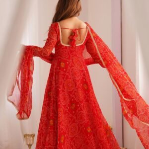 Red Bandhej Print Chiffon Anarkali Suit Set