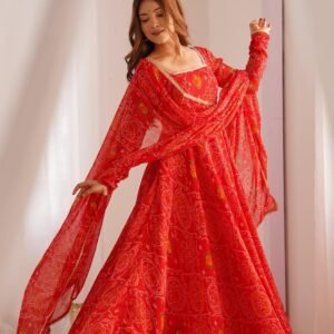 Red Bandhej Print Chiffon Anarkali Suit Set