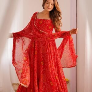 Red Bandhej Print Chiffon Anarkali Suit Set