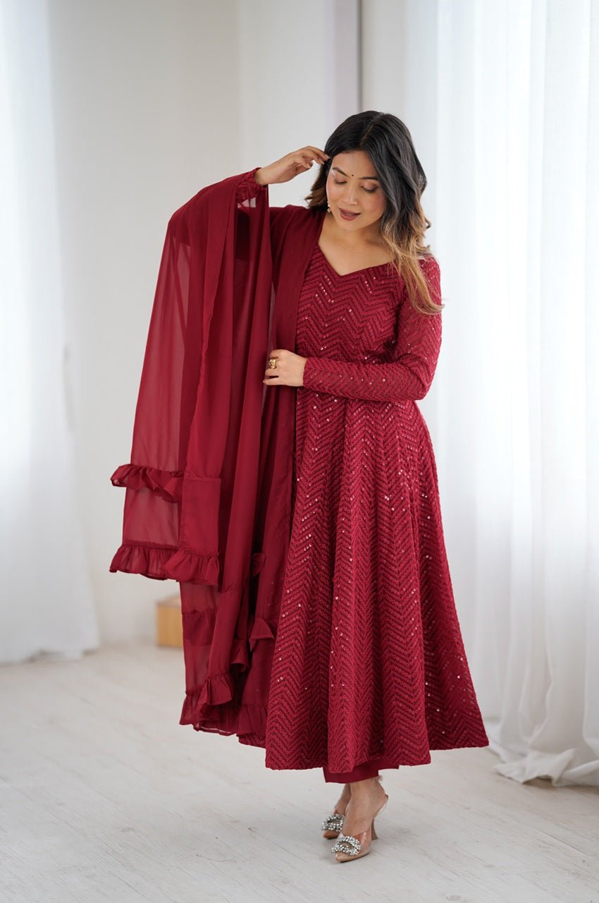 Maroon Color Lucknowi Sequence Work Anarkali Suit Maroon Color Lucknowi Sequence Work Anarkali Suit