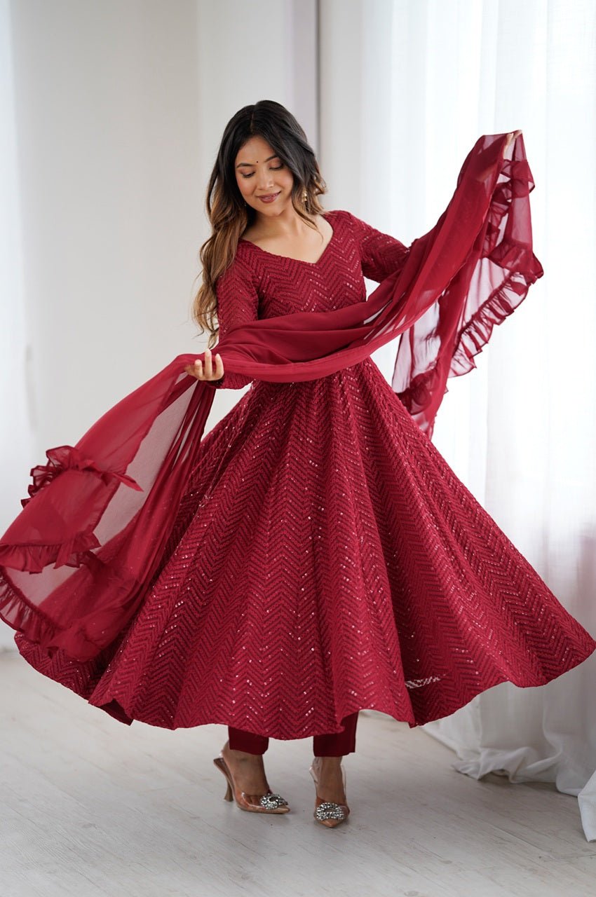 Maroon Color Lucknowi Sequence Work Anarkali Suit Maroon Color Lucknowi Sequence Work Anarkali Suit