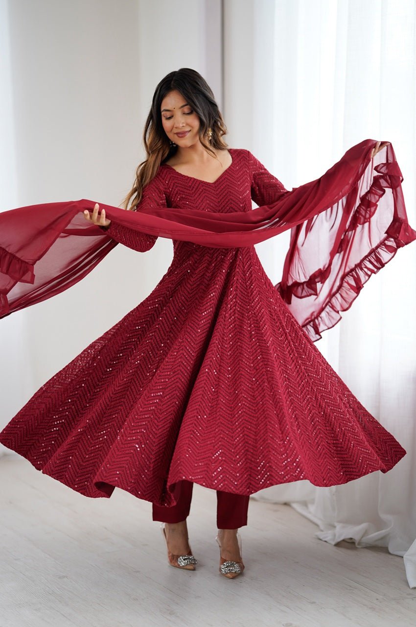 Maroon Color Lucknowi Sequence Work Anarkali Suit Maroon Color Lucknowi Sequence Work Anarkali Suit