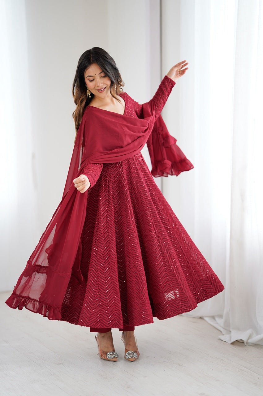 Maroon Color Lucknowi Sequence Work Anarkali Suit Maroon Color Lucknowi Sequence Work Anarkali Suit