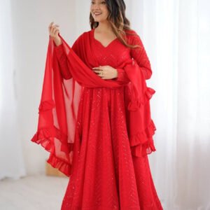 Red Color Lucknowi Work Anarkali Suit with Ruffle Dupatta