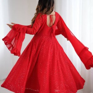 Red Color Lucknowi Work Anarkali Suit with Ruffle Dupatta