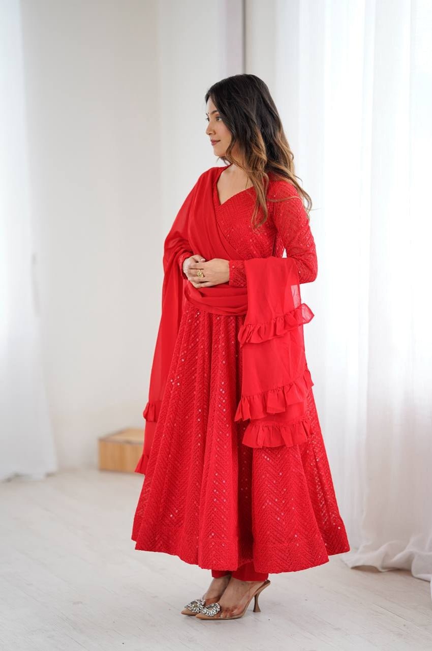 Red Color Lucknowi Work Anarkali Suit with Ruffle Dupatta Red Color Lucknowi Work Anarkali Suit with Ruffle Dupatta