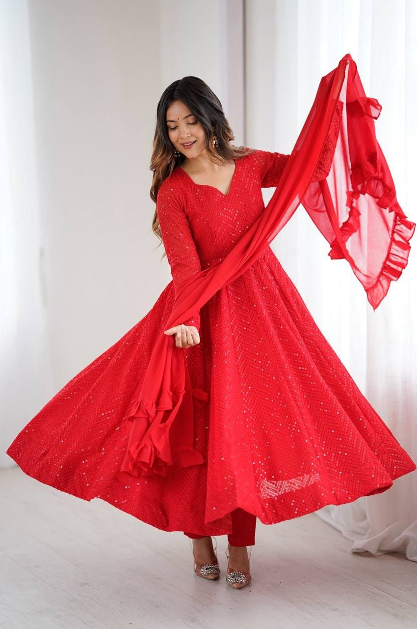 Red Color Lucknowi Work Anarkali Suit with Ruffle Dupatta Red Color Lucknowi Work Anarkali Suit with Ruffle Dupatta