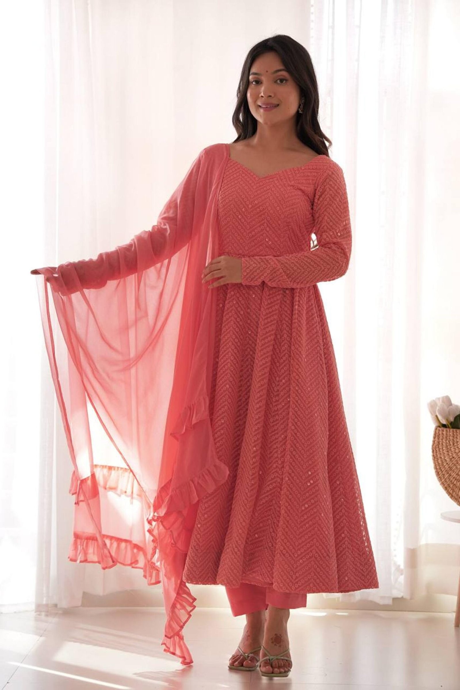 Peach Lucknowi Georgette Anarkali Suit Set Peach Lucknowi Georgette Anarkali Suit Set