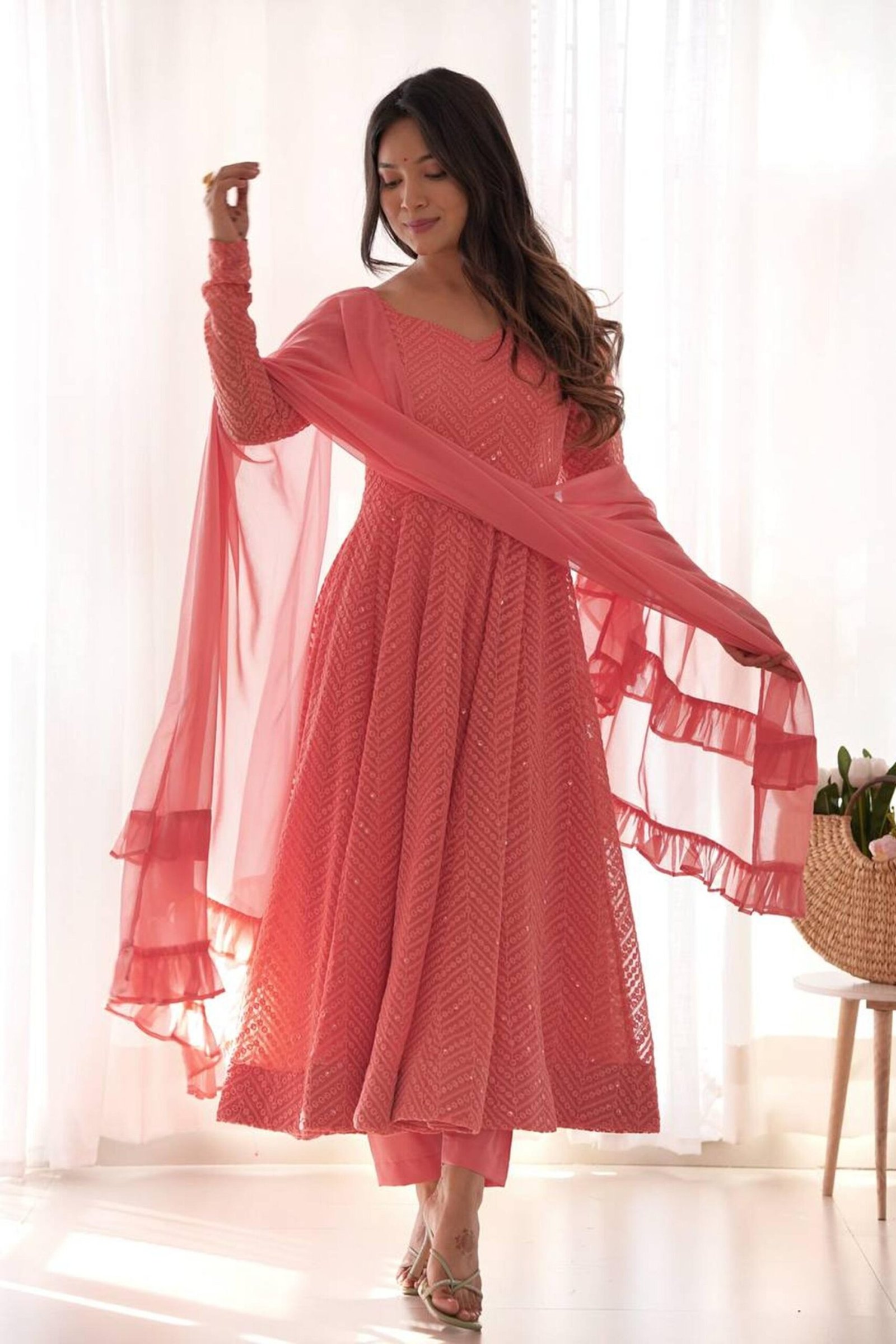 Peach Lucknowi Georgette Anarkali Suit Set Peach Lucknowi Georgette Anarkali Suit Set