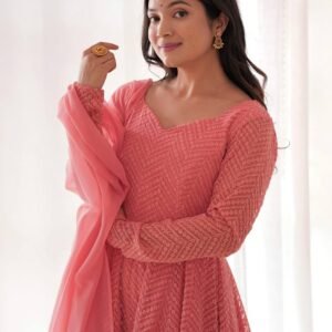 Peach Lucknowi Georgette Anarkali Suit Set
