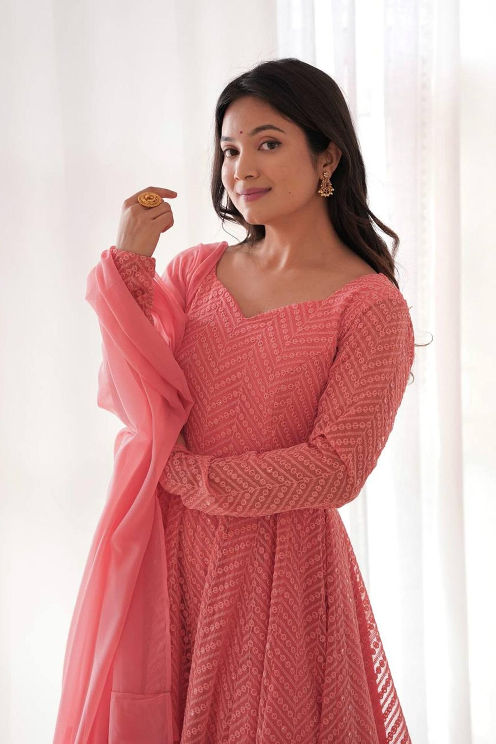 Peach Lucknowi Georgette Anarkali Suit Set Peach Lucknowi Georgette Anarkali Suit Set