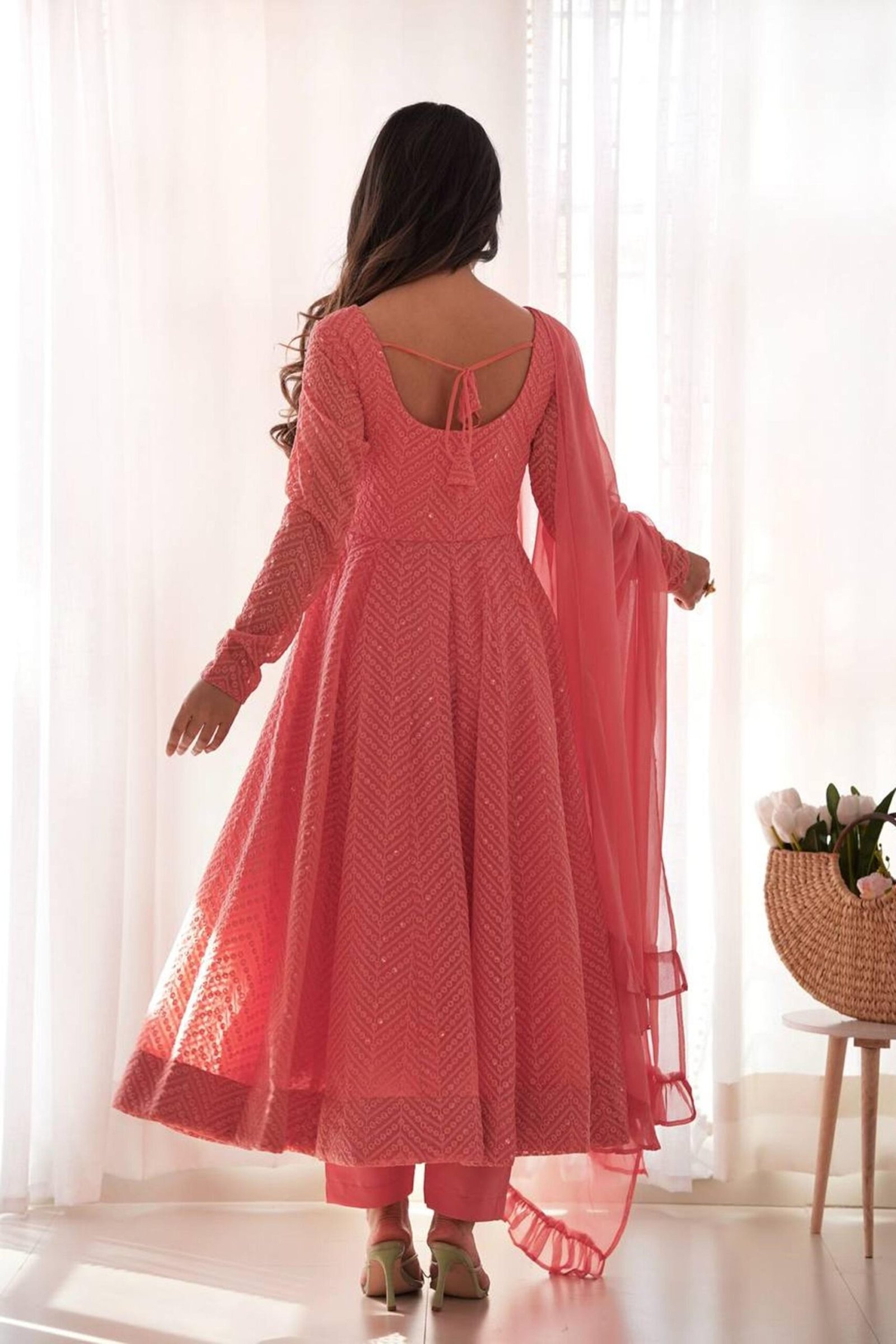 Peach Lucknowi Georgette Anarkali Suit Set Peach Lucknowi Georgette Anarkali Suit Set
