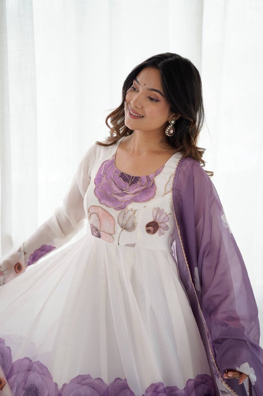 Brinjal Color Organza Silk Anarkali Suit with Dupatta Brinjal Color Organza Silk Anarkali Suit with Dupatta