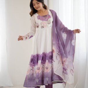 Brinjal Color Organza Silk Anarkali Suit with Dupatta