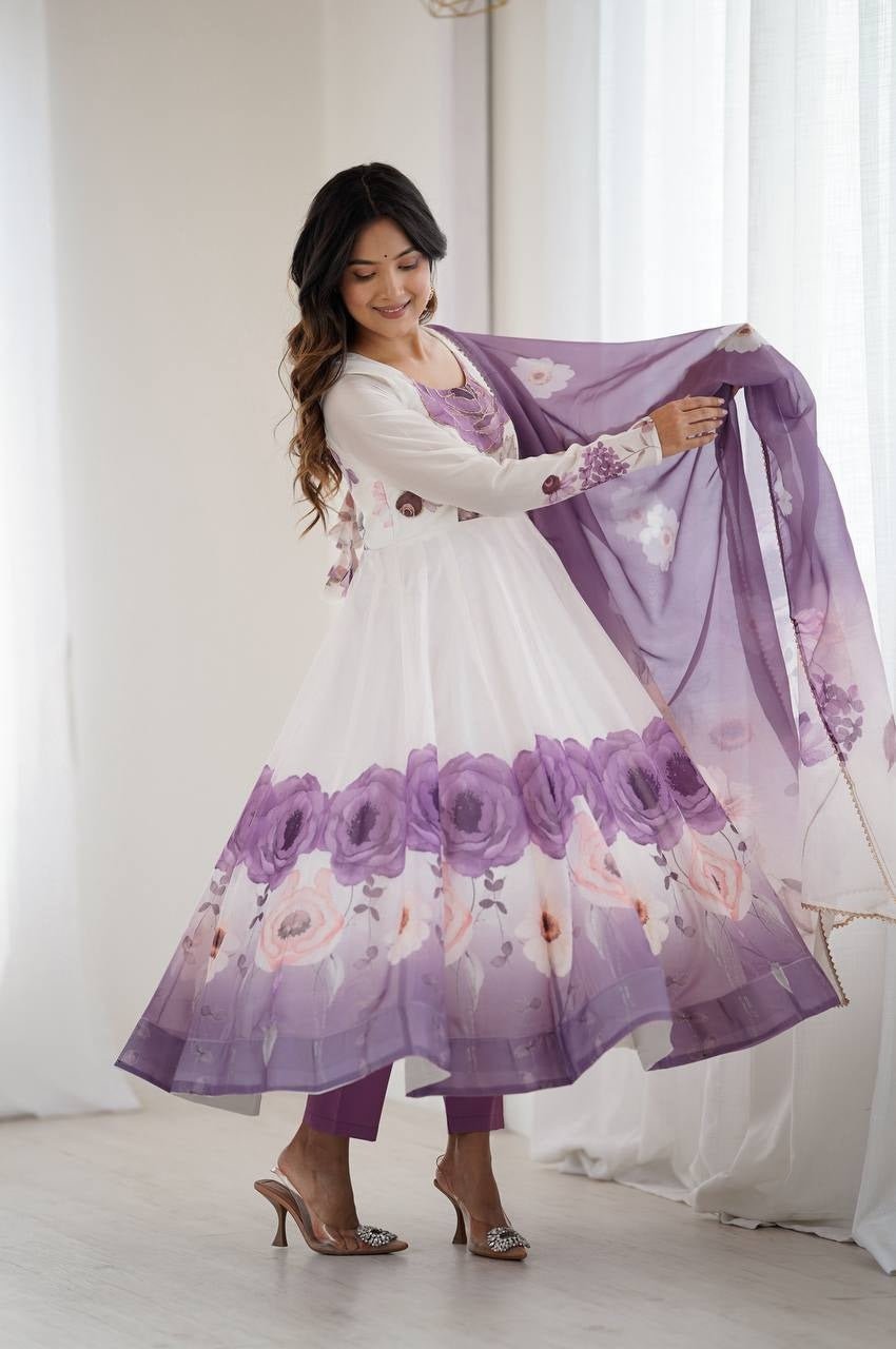 Brinjal Color Organza Silk Anarkali Suit with Dupatta Brinjal Color Organza Silk Anarkali Suit with Dupatta