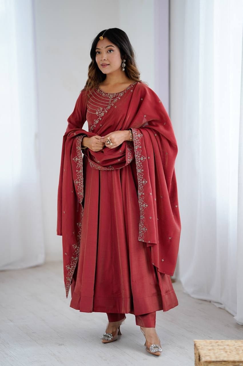 Carmine Roman Chanderi Silk Anarkali Suit Carmine Roman Chanderi Silk Anarkali Suit