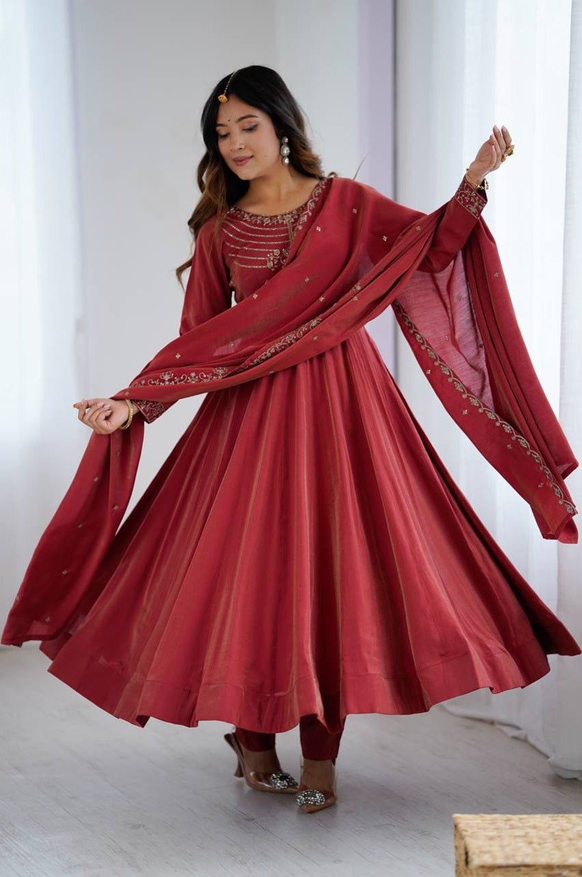 Carmine Roman Chanderi Silk Anarkali Suit Carmine Roman Chanderi Silk Anarkali Suit