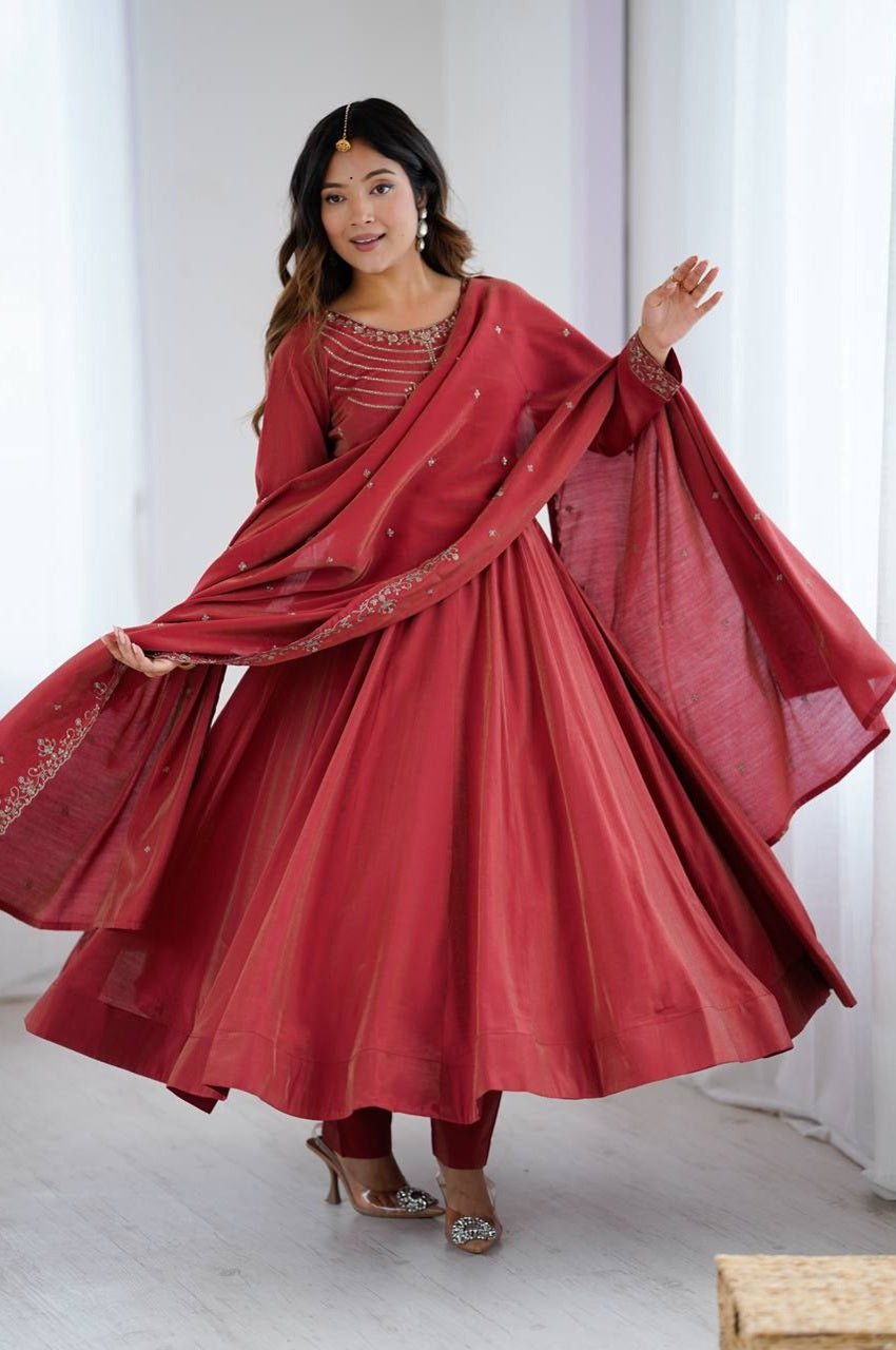 Carmine Roman Chanderi Silk Anarkali Suit Carmine Roman Chanderi Silk Anarkali Suit