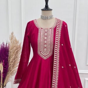 Rani Pink Vichitra Silk Anarkali Gown
