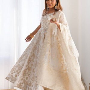 White Banarasi Jacquard Dola Silk Anarkali Suit