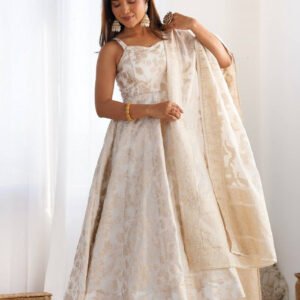 White Banarasi Jacquard Dola Silk Anarkali Suit