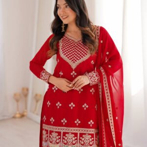 Red Fox Georgette Sharara Suit with Heavy Embroidery Dori, Zari & Sequence Work