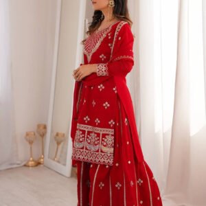 Red Fox Georgette Sharara Suit with Heavy Embroidery Dori, Zari & Sequence Work