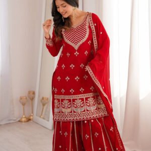 Red Fox Georgette Sharara Suit with Heavy Embroidery Dori, Zari & Sequence Work