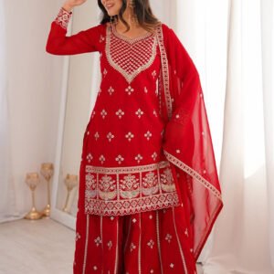 Red Fox Georgette Sharara Suit with Heavy Embroidery Dori, Zari & Sequence Work