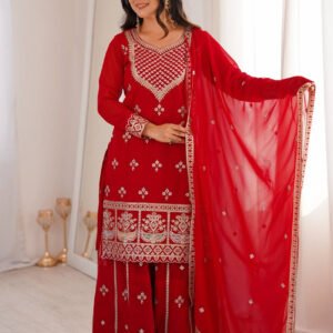 Red Fox Georgette Sharara Suit with Heavy Embroidery Dori, Zari & Sequence Work