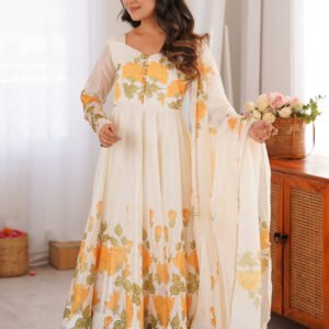 Yellow Flower Print Organza Silk Anarkali Set
